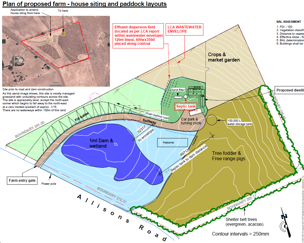 Coloured proposed Eganstown farm masterplan showing the dam, access, dwelling, and farm zones